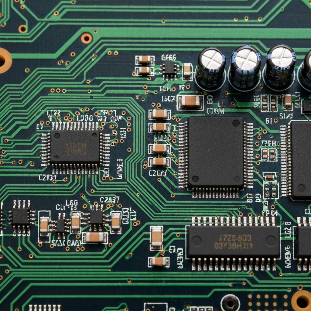 PCB circuit board design showcasing electronic components and circuit traces